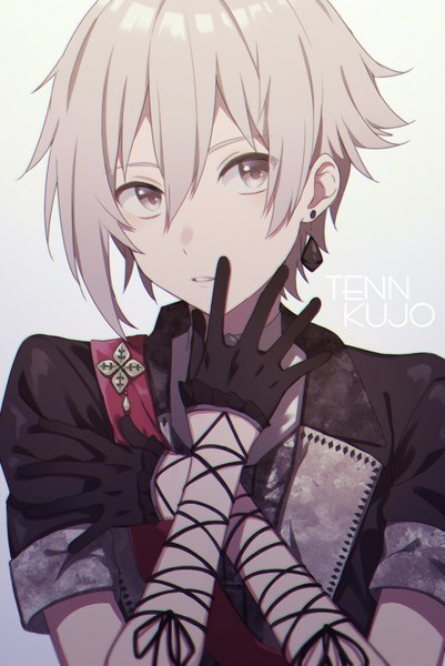 Anime picture 1000x1494 with idolish 7 kujou tenn unapoppo single tall image looking at viewer fringe short hair hair between eyes silver hair upper body grey eyes character names boy gloves black gloves single earring