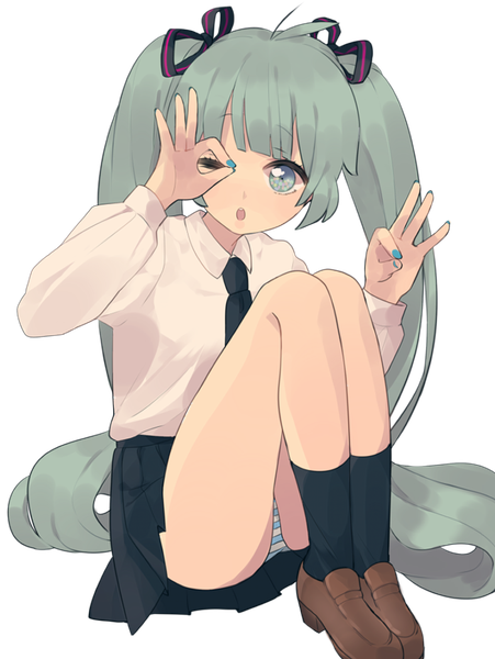 Anime picture 700x930 with vocaloid hatsune miku uttao single tall image open mouth light erotic sitting twintails full body ahoge very long hair nail polish one eye closed aqua eyes green hair wink pantyshot pantyshot sitting transparent background