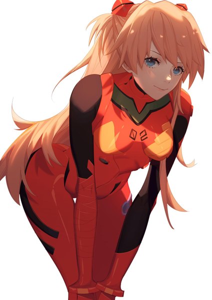 Anime picture 1280x1811 with neon genesis evangelion gainax soryu asuka langley whither laws single long hair tall image looking at viewer fringe breasts blue eyes simple background smile white background orange hair leaning two side up leaning forward girl bodysuit
