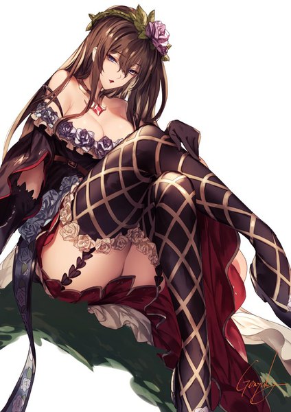 Anime picture 700x990 with granblue fantasy rosetta (granblue fantasy) kyouya (mukuro238) single long hair tall image looking at viewer fringe breasts light erotic simple background hair between eyes brown hair large breasts white background sitting purple eyes bare shoulders signed cleavage