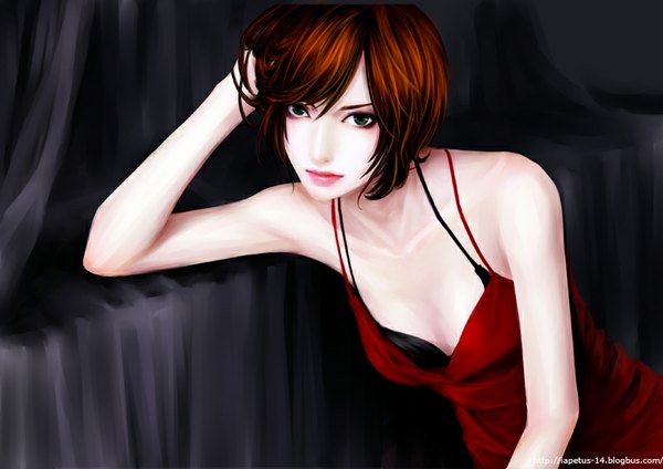 Anime picture 800x566 with real life akb48 (group) shinoda mariko (singer) sun dou single looking at viewer short hair brown hair sitting bare shoulders green eyes light smile hand on head girl dress red dress