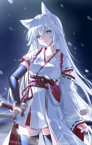 Anime picture 2500x3958 with original kuro (rudyan0128) single long hair tall image looking at viewer fringe highres blue eyes hair between eyes standing animal ears white hair long sleeves traditional clothes head tilt japanese clothes wind wide sleeves fox ears