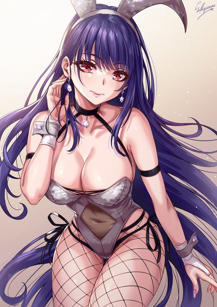 Anime picture 1500x2121 with original sakiyamama single tall image looking at viewer fringe breasts light erotic simple background hair between eyes red eyes large breasts standing signed animal ears cleavage purple hair blunt bangs very long hair nail polish