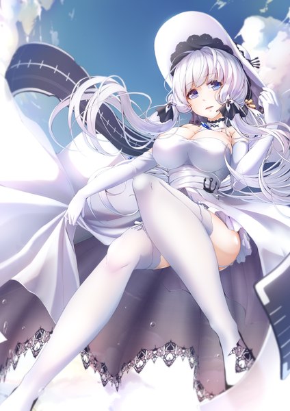 Anime picture 1116x1579 with azur lane illustrious (azur lane) imo bouya single long hair tall image looking at viewer fringe breasts blue eyes light erotic large breasts sky cleavage cloud (clouds) white hair from below tress ribbon girl thighhighs