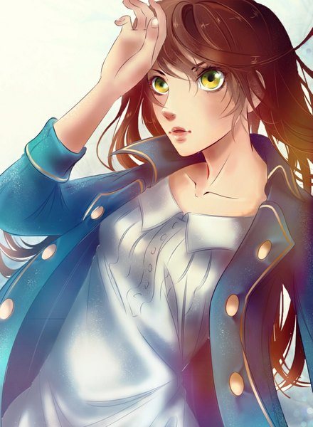 Anime picture 752x1024 with original charlie ray single long hair tall image looking at viewer open mouth simple background brown hair yellow eyes grey background girl coat
