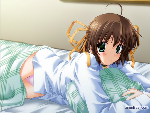 Anime picture 1024x768 with da capo asakura nemu nanao naru single looking at viewer blush fringe short hair light erotic hair between eyes brown hair green eyes game cg ahoge lying shaded face girl underwear panties ribbon (ribbons)