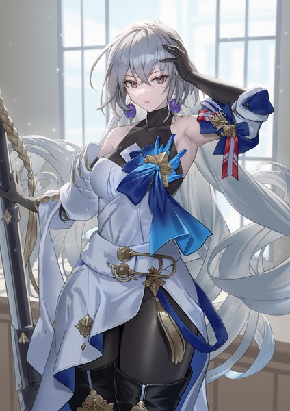 Anime picture 1416x2006 with honkai: star rail honkai (series) bronya rand mismi single long hair tall image fringe breasts hair between eyes standing bare shoulders holding looking away silver hair indoors arm up blurry armpit (armpits) grey eyes