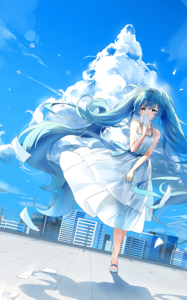 Anime picture 1275x2039 with vocaloid hatsune miku asahi kuroi single long hair tall image looking at viewer blush twintails blue hair sky cloud (clouds) full body aqua eyes wind shadow tattoo alternate costume sleeveless lens flare