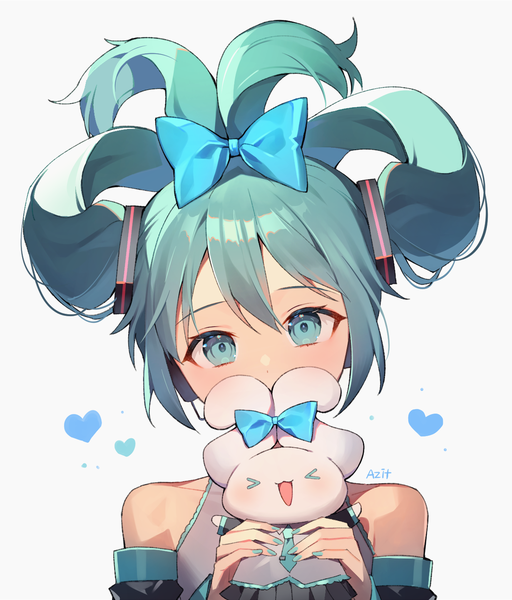 Anime picture 1230x1442 with vocaloid sanrio hatsune miku cinnamiku cinnamoroll azit (down) single long hair tall image looking at viewer fringe simple background hair between eyes white background twintails signed upper body eyes closed nail polish head tilt