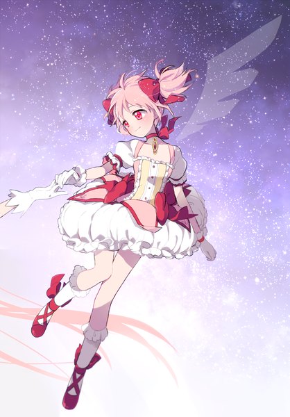 Anime picture 1192x1710 with mahou shoujo madoka magica shaft (studio) kaname madoka plico (nicoma) single tall image blush short hair smile red eyes twintails looking away pink hair light smile puffy sleeves short twintails flying magical girl girl dress