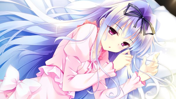 Anime picture 1920x1080 with golden marriage ensemble (studio) marika von wittelsbach hayakawa harui long hair blush highres open mouth wide image purple eyes blue hair game cg on side dress hair ornament bow hair bow pillow bed