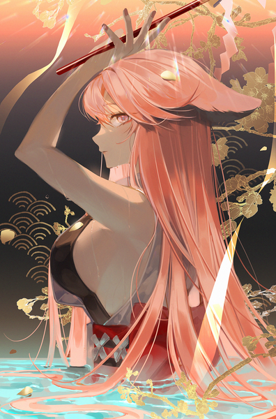Anime picture 1500x2274 with genshin impact yae miko lanta single long hair tall image looking at viewer light erotic animal ears pink hair upper body profile pink eyes arm up sleeveless fox ears partially submerged fox girl seigaiha girl