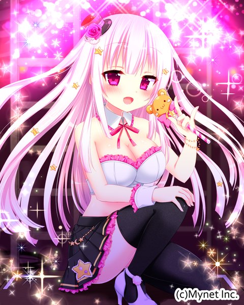 Anime picture 720x900 with original aoi yun single long hair tall image blush open mouth light erotic smile pink hair bent knee (knees) pleated skirt pink eyes hair flower high heels girl thighhighs skirt hair ornament flower (flowers)