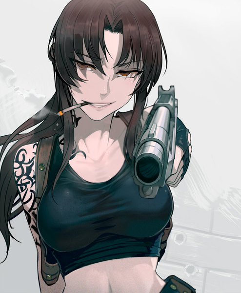 Anime picture 972x1180 with black lagoon madhouse revy (black lagoon) walzrj single long hair tall image looking at viewer brown hair holding brown eyes payot upper body midriff smoke smoking girl gloves weapon fingerless gloves