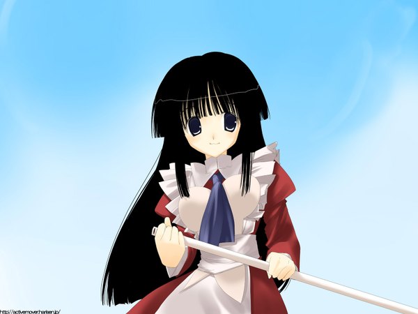 Anime picture 1600x1200 with original arikawa satoru long hair breasts black hair simple background smile black eyes maid blue background girl apron