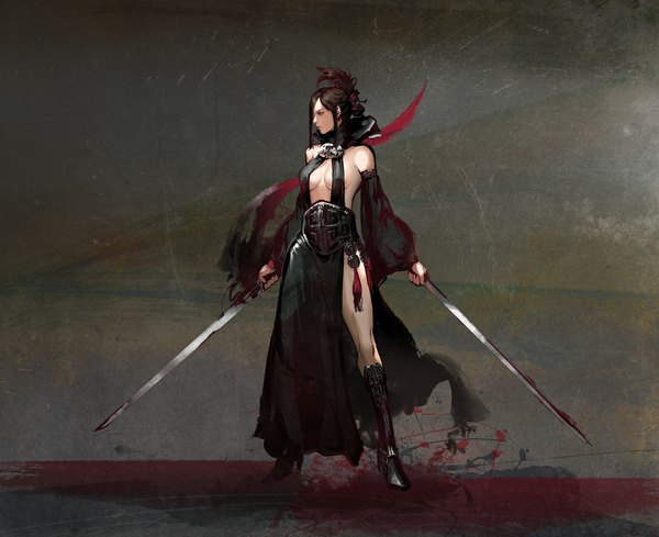 Anime picture 1104x900 with original sunman (artist) single short hair breasts light erotic brown hair standing bare shoulders brown eyes looking away profile girl hair ornament weapon detached sleeves sword boots hairclip katana