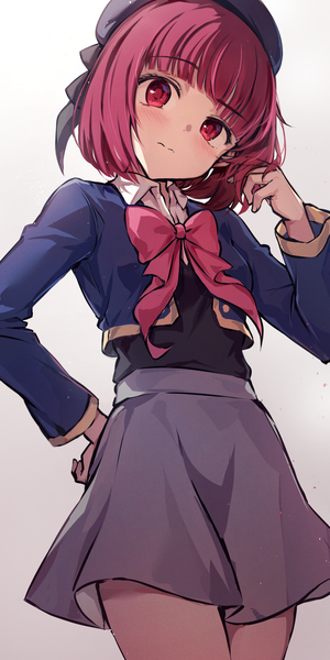 Anime picture 1332x2666 with oshi no ko arima kana luzzi (milllim) single tall image looking at viewer fringe short hair simple background red eyes red hair blunt bangs head tilt from below hand on hip girl skirt uniform school uniform miniskirt