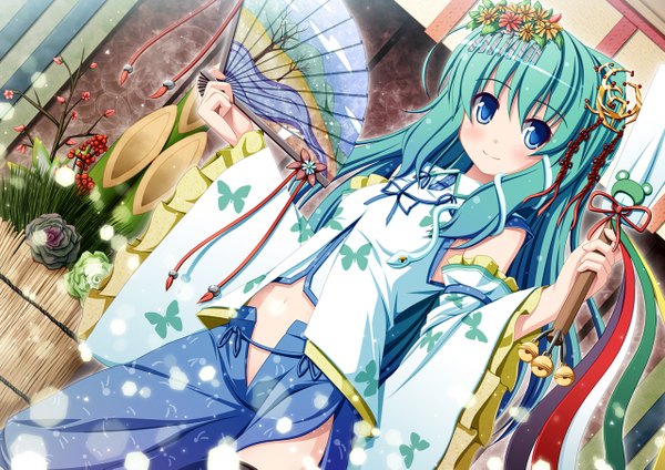 Anime picture 1280x905 with touhou kochiya sanae akashio (loli ace) single long hair blue eyes light erotic hair flower green hair girl hair ornament flower (flowers) detached sleeves fan