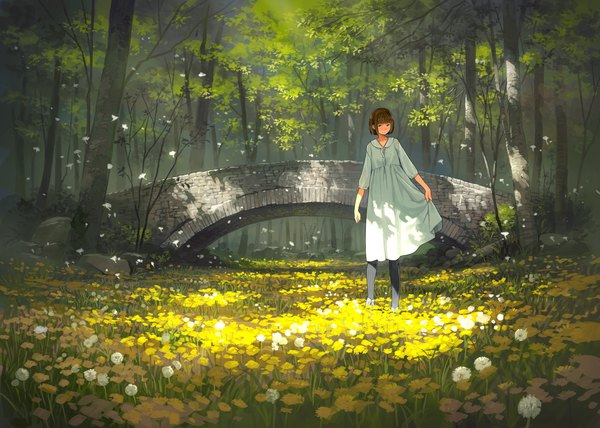 Anime picture 2694x1920 with original yoshida seiji single looking at viewer fringe highres short hair brown hair standing full body outdoors wind sunlight grey eyes striped scenic nature bob cut meadow girl