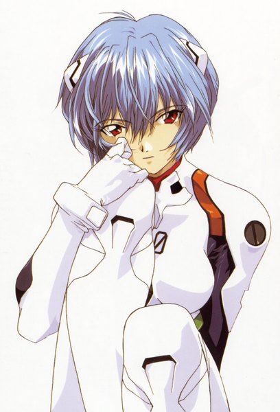 Anime picture 2041x3000 with neon genesis evangelion gainax ayanami rei okazaki takeshi single tall image highres short hair simple background hair between eyes red eyes white background sitting blue hair absurdres girl bodysuit pilot suit