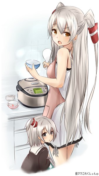 Anime picture 1500x2661 with kantai collection amatsukaze destroyer saku (kudrove) long hair tall image blush fringe short hair open mouth multiple girls holding brown eyes silver hair looking back two side up cooking girl hair ornament 2 girls apron