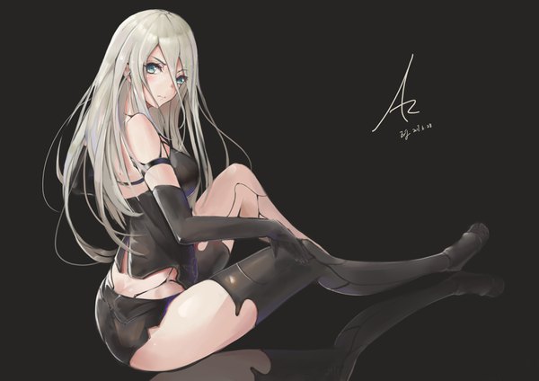 Anime picture 3508x2480 with nier nier:automata yorha type a no. 2 nisen single long hair looking at viewer fringe highres breasts light erotic blonde hair simple background hair between eyes sitting bare shoulders green eyes signed absurdres full body