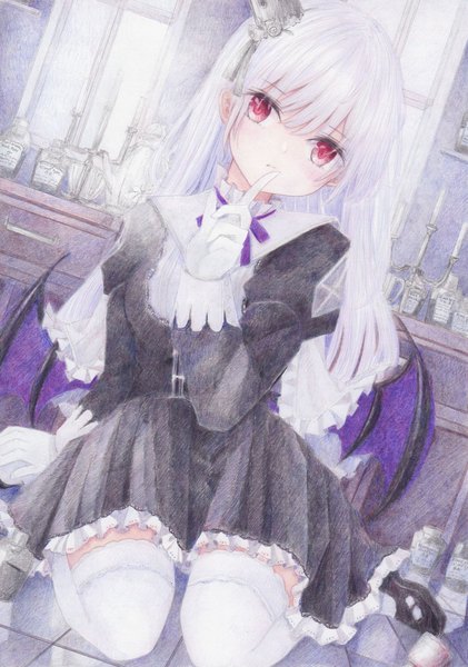 Anime picture 1124x1600 with original darkkanan single long hair tall image looking at viewer blush fringe red eyes sitting silver hair indoors long sleeves head tilt dutch angle finger to mouth wariza frilled dress bat wings lolita fashion