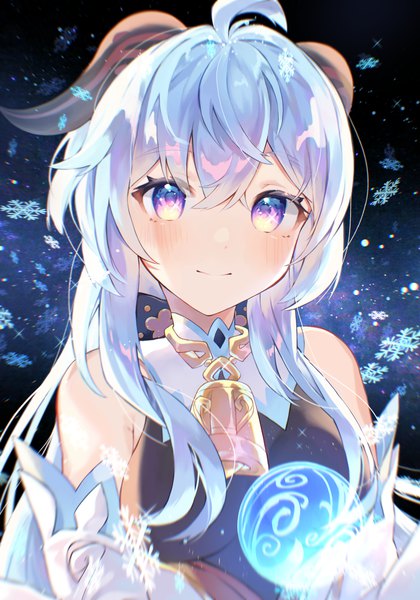 Anime picture 2100x3000 with genshin impact ganyu (genshin impact) kurobikari single long hair tall image looking at viewer blush highres blue hair upper body ahoge horn (horns) light smile bell collar multicolored eyes girl bell snowflake (snowflakes) sphere