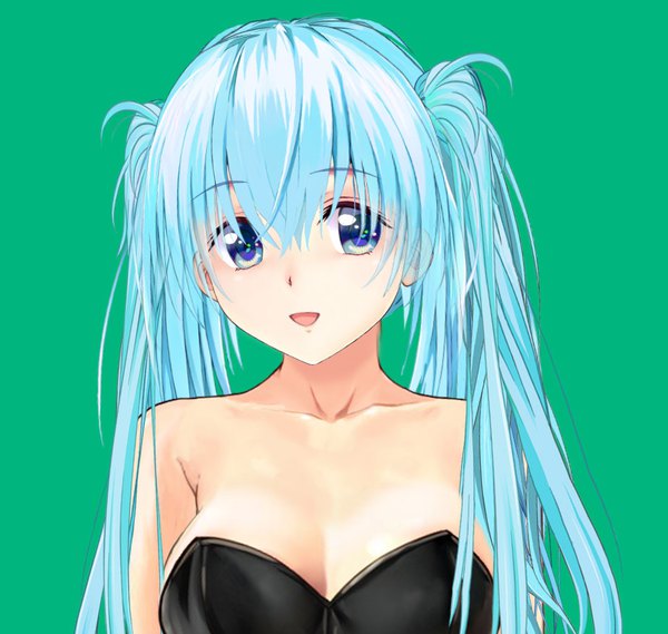 Anime picture 924x877 with vocaloid hatsune miku houkai single long hair looking at viewer fringe breasts open mouth blue eyes light erotic simple background smile hair between eyes twintails bare shoulders payot blue hair cleavage upper body