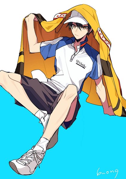 Anime picture 800x1132 with prince of tennis echizen ryoma 846kazuya single tall image fringe short hair black hair hair between eyes sitting brown eyes full body arm support short sleeves boy uniform shoes jacket gym uniform sneakers