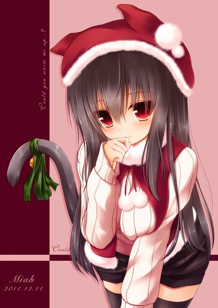 Anime picture 1357x1916 with original mia flatpaddy syroh single long hair tall image looking at viewer blush fringe black hair smile hair between eyes red eyes standing animal ears cat ears cat tail fur trim finger to mouth girl