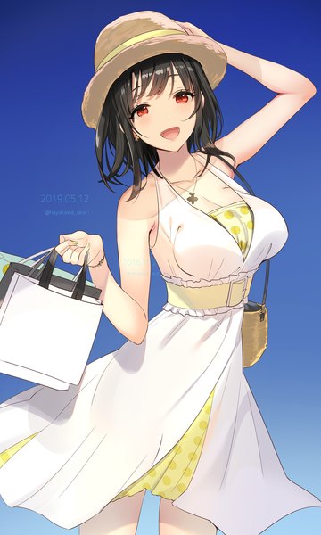 Anime picture 1200x2000 with kantai collection takao heavy cruiser hayakawa akari single tall image looking at viewer blush fringe short hair breasts open mouth light erotic black hair simple background smile hair between eyes red eyes standing bare shoulders holding
