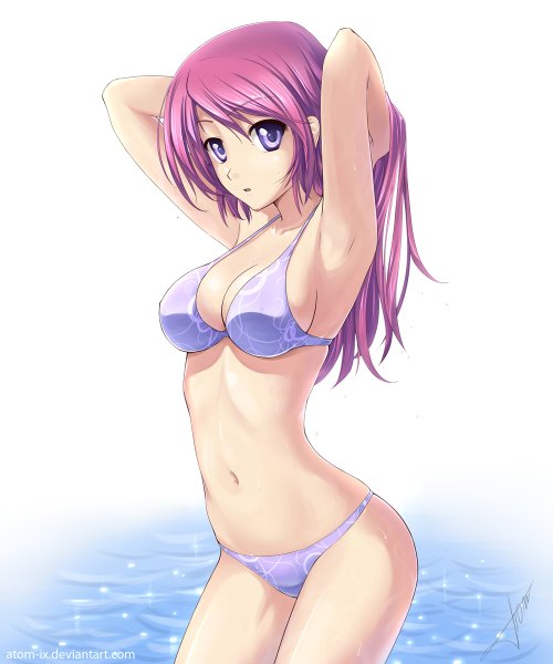 Anime picture 1000x1200 with original naomi (atomix) atomix single long hair tall image light erotic purple eyes pink hair girl navel swimsuit bikini