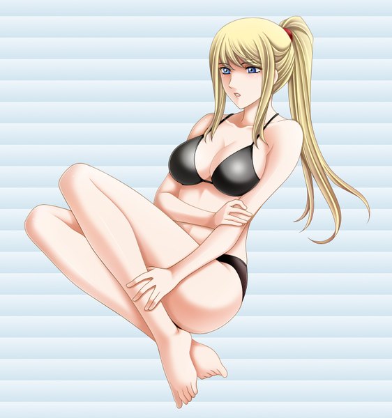 Anime picture 1500x1600 with metroid samus aran tamamon single long hair tall image breasts blue eyes light erotic blonde hair ponytail barefoot legs girl swimsuit bikini black bikini