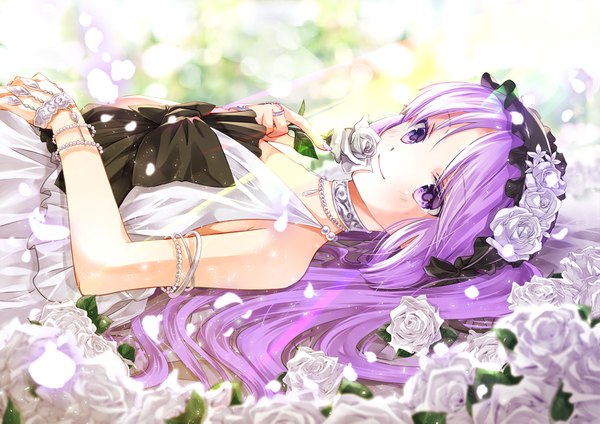Anime picture 1500x1061 with fate (series) fate/hollow ataraxia euryale (fate) iroha (shiki) single long hair looking at viewer purple eyes bare shoulders purple hair lying light smile sunlight on back girl dress flower (flowers) petals choker white dress