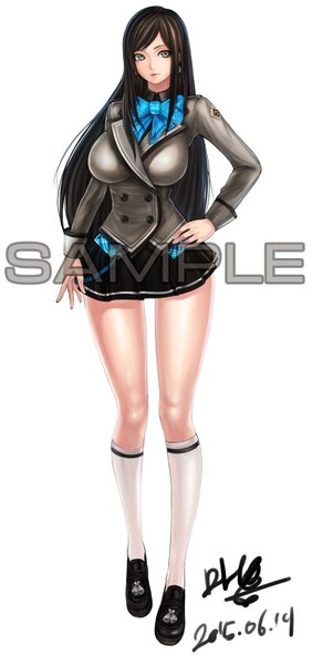 Anime picture 766x1628 with blade & soul mappung-gun (mhg0106) single long hair tall image breasts black hair simple background large breasts white background looking away grey eyes legs hand on hip girl skirt uniform school uniform earrings miniskirt