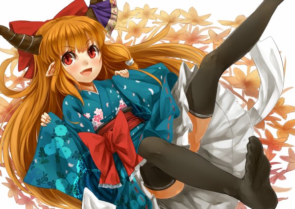 Anime picture 1200x853 with touhou ibuki suika nishiuri (artist) single long hair blush fringe open mouth red eyes horn (horns) pointy ears orange hair no shoes looking up falling girl thighhighs bow black thighhighs hair bow