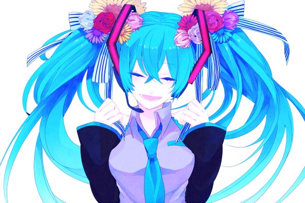 Anime picture 2500x1666 with vocaloid hatsune miku kyama long hair highres white background twintails eyes closed hair flower aqua hair girl hair ornament flower (flowers) detached sleeves necktie