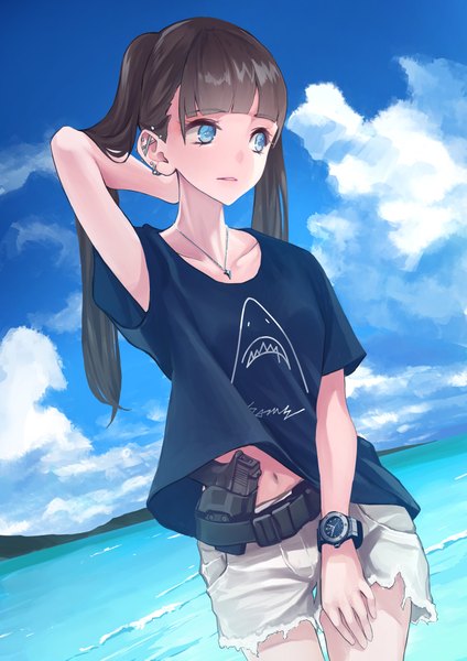 Anime picture 2894x4093 with original koh (minagi kou) single long hair tall image blush fringe highres blue eyes brown hair standing twintails sky cloud (clouds) outdoors blunt bangs parted lips arm up piercing ear piercing
