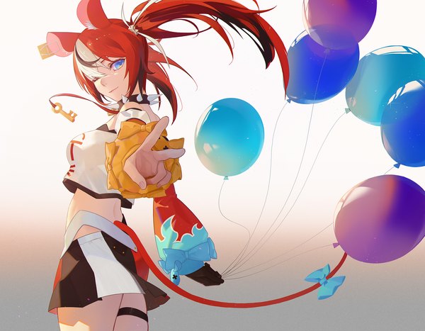 Anime picture 1699x1322 with virtual youtuber hololive hololive english hakos baelz reirz single long hair looking at viewer blue eyes simple background twintails animal ears red hair tail animal tail one eye closed multicolored hair wink midriff streaked hair