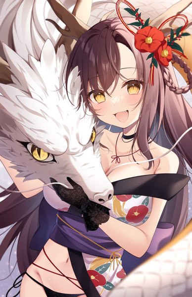 Anime-Bild 1589x2456 mit original sisterakuma single long hair tall image looking at viewer breasts open mouth light erotic blonde hair smile brown hair large breasts bare shoulders cleavage traditional clothes head tilt japanese clothes horn (horns) floral print