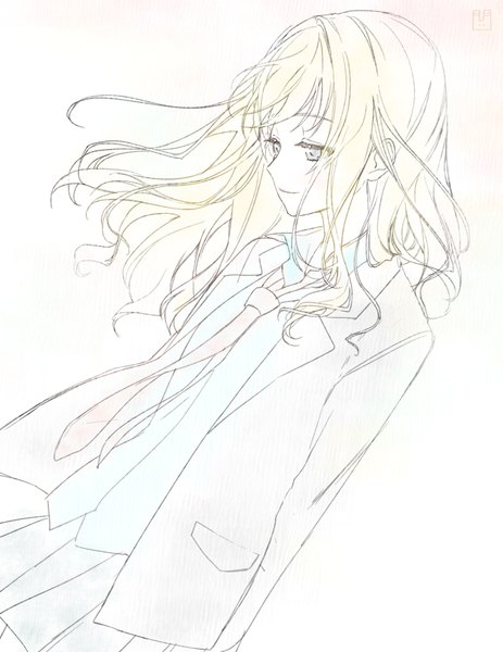 Anime picture 675x875 with shigatsu wa kimi no uso a-1 pictures miyazono kaori marin (myuy 3) single long hair tall image fringe simple background blonde hair white background profile light smile wind grey eyes hands behind back sketch girl uniform school uniform