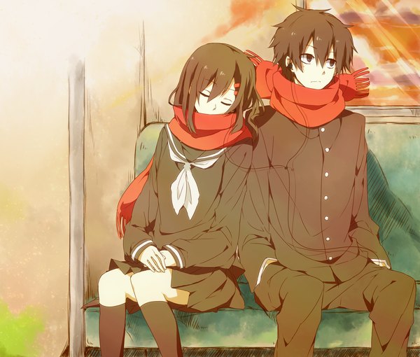 Anime picture 2000x1700 with kagerou project shaft (studio) tateyama ayano kisaragi shintarou asuna (doruru-mon) long hair highres short hair black hair sitting multiple girls eyes closed black eyes couple shared scarf girl skirt 2 girls socks headphones