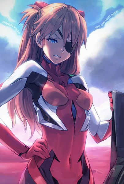 Anime picture 787x1165 with neon genesis evangelion gainax soryu asuka langley yakinasu single long hair tall image blue eyes blonde hair sky cloud (clouds) inscription hand on hip covered navel angry clenched teeth girl bag bodysuit eyepatch