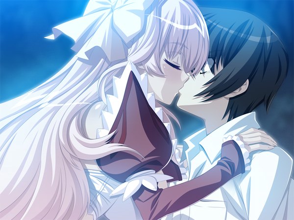 Anime picture 1024x768 with crayon tulip (game) long hair short hair black hair blonde hair game cg couple kiss girl boy