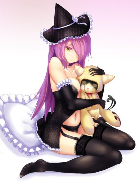 Anime picture 1000x1286 with blazblue jubei (blazblue) konoe a mercury tsukikanade single long hair tall image blush fringe open mouth light erotic simple background white background bare shoulders yellow eyes cleavage purple hair hair over one eye hug girl