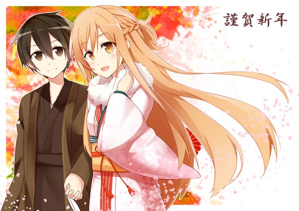 Anime picture 1458x1032 with sword art online a-1 pictures yuuki asuna kirigaya kazuto .com long hair blush fringe short hair open mouth black hair brown hair brown eyes traditional clothes japanese clothes wind black eyes inscription couple holding hands