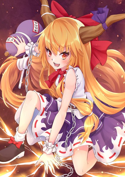 Anime picture 2508x3541 with touhou ibuki suika ramie (ramie541) single tall image blush highres open mouth blonde hair red eyes holding very long hair horn (horns) girl bow hair bow chain gourd