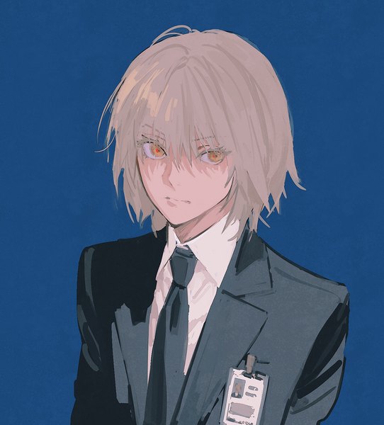 Anime picture 1000x1107 with hunter x hunter kurapica huangdanlan single tall image looking at viewer fringe short hair simple background hair between eyes brown hair yellow eyes upper body blue background boy shirt necktie white shirt id card business suit