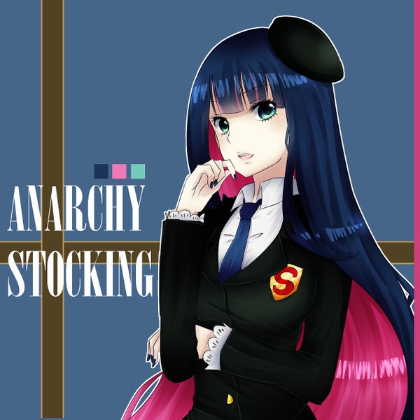 Anime picture 1280x1280 with panty & stocking with garterbelt anarchy stocking na-miey single long hair looking at viewer blush fringe breasts open mouth simple background blue hair pink hair blunt bangs nail polish head tilt multicolored hair arm up aqua eyes fingernails